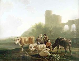 Rustic Figures with Cattle and Sheep by Jacob Van Stry