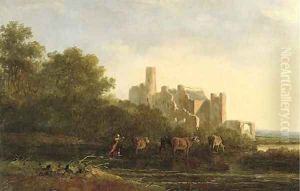 A drover herding cattle before a ruined castle by Jacob Van Stry