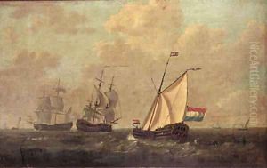 A cutter of the Dutch East India Company and two men-o-war with other shipping, a town on the horizon by Jacob Van Stry