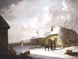 Figures Outside a Cottage in the Snow by Hendrik Willem Schweickardt