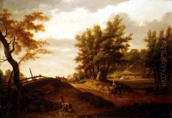 A wooded landscape with a waggon and peasants travelling on a road, a washerwoman at a pond and a farm beyond - view 1