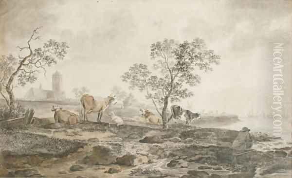A river landscape with a herdsman resting and cows grazing near the banks, a church beyond - view 1