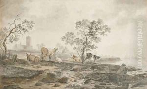 A river landscape with a herdsman resting and cows grazing near the banks, a church beyond by Hendrik Willem Schweickardt