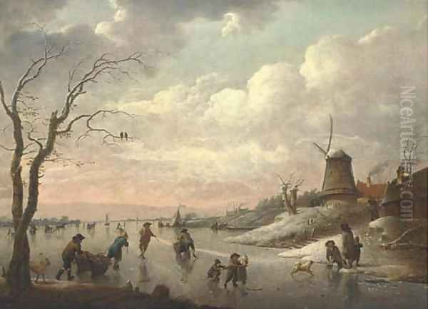 A winter landscape with peasants skating on a frozen river by a village with a windmill - view 1