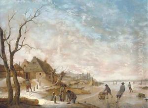A winter landscape with figures skating on a frozen lake