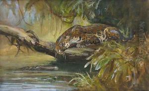 Jaguar observing a Caiman by Cuthbert Edmund Swan
