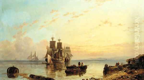 Vessels moored off the coast at sunset - view 1