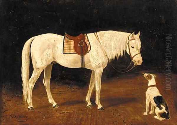 A saddled grey hunter with a dog in a yard - view 1