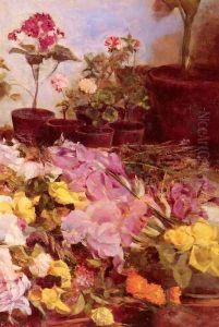 Still Life With Flower Pots And Cut Flowers by Giovanni Sottocornola