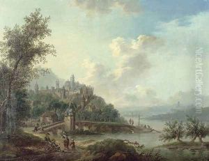 A Rhineland View with a Bridge and Figures in the foreground and a Fortified Town on a Hill beyond by Christian Georg II Schutz or Schuz