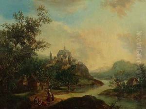 A Rhineland View with Figures in the foreground and a Fortified Town on a Hill Beyond by Christian Georg II Schutz or Schuz