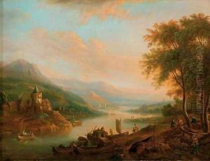 A Rhenish landscape with moored vessels, a village with a castle beyond