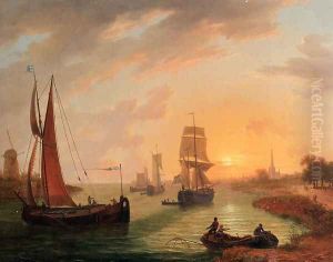 An EstuaryWith Various Shipping At Sunset by Frans Swager