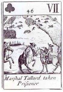 Marshal Tallard taken Prisoner, seven of clubs playing card from a set commemorating the War of the Spanish Succession 1702-13 by Robert Spofforth