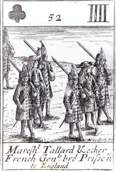 Marshal Tallard and other French Generals Brought Prisoners to England, four of clubs playing card from a set commemorating the War of the Spanish Succession 1702-13 - view 1