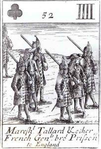 Marshal Tallard and other French Generals Brought Prisoners to England, four of clubs playing card from a set commemorating the War of the Spanish Succession 1702-13 by Robert Spofforth