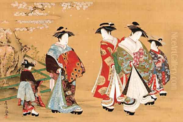Courtesans on parade beneath a blossoming cherry - view 1