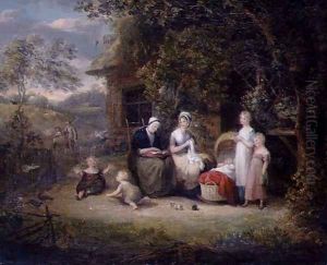 Family Group before a Thatched Cottage by Maria Spilsbury