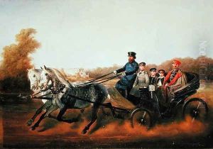 Tsar Alexander II 1818-81 Driving with his Sons in Zarskoje Selo, 1850s by Nikolai Egorovich Sverchkov
