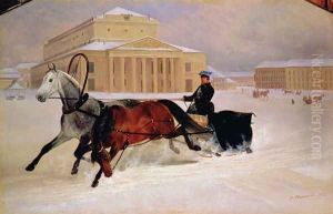 Pole Pair with a Trace Horse at the Bolshoi Theatre in Moscow, 1852 by Nikolai Egorovich Sverchkov