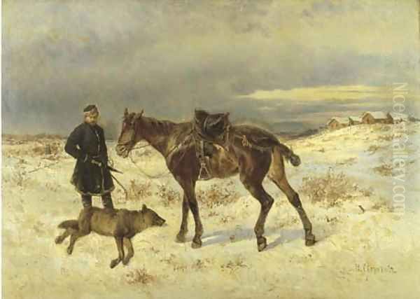 A mounted huntsman with a fallen wolf - view 1