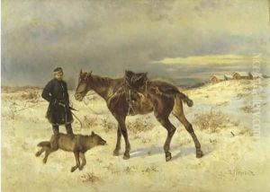 A mounted huntsman with a fallen wolf
