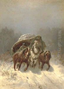 A Troika in a winter Landscape by Nikolai Egorovich Sverchkov