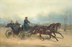 Emperor Alexander II and Kaiser Wilhelm I in a carriage with a view of the Peter-Paul Fortress, St. Petersburg by Nikolai Egorovich Sverchkov