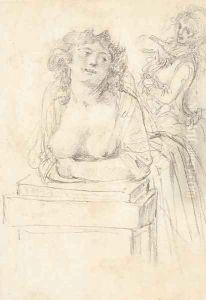 A bare-breasted woman leaning over a pedestal, another woman in the background
