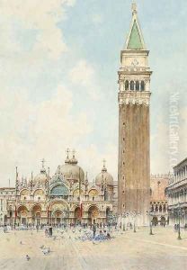 Feeding pigeons before the Basilica di San Marco by Rafael Senet y Perez