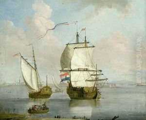 A Dutch East Indian man and a Royal Yacht in an Estuary with a Town Beyond by Francis Swaine