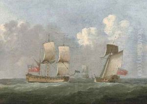 A man-o'war heaving-to for the approaching Admiralty Yacht