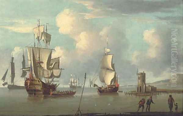 A ship's launch containing visitors pulling away from the side of an anchored man-o'war as she dries her sails amidst other vessels offshore - view 1