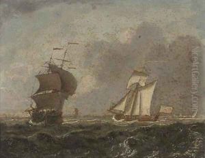 An Admiralty yacht running down the coast, astern of a frigate by Francis Swaine