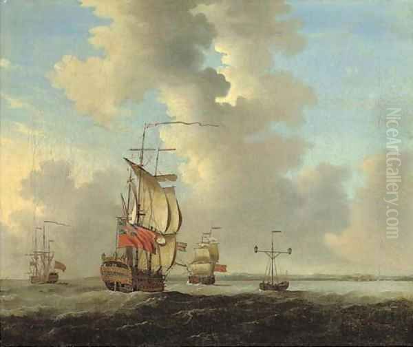 Men-o'-war, one of them lying at anchor, off Sheerness near the Nore lightship - view 1