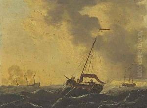 Men-o'war in coastal waters; and Shipping riding out a gale in the Channel by Francis Swaine