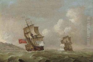An English warship pursuing a Frenchman up the coast by Francis Swaine