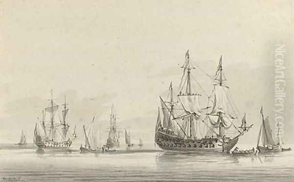 Men-o'war becalmed offshore - view 1