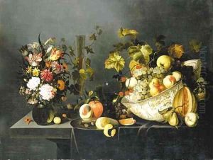 Tulips, carnations and other flowers in a vase, grapes and peaches in a porcelain bowl, with glasses of wine, a peeled lemon on a dish and other fruit