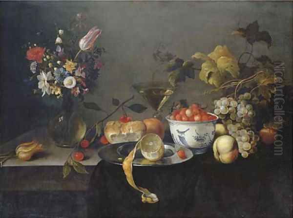 A tulip, a carnation, an iris and other flowers in a glass vase, wild strawberries in a Wan-li 'kraak' porselain bowl, a partly-peeled lemon - view 1