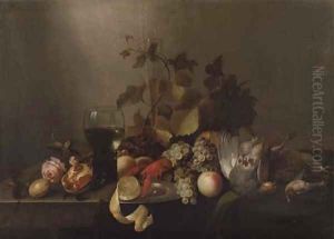 A rose, a pomegranate, a glass flute, grapes, a partly peeled lemon on a silver plate, a roemer, a lobster, peaches, a pheasant and other birds