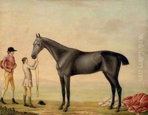 Chrysis, a grey racehorse, held by a groom, with a jockey, in a landscape