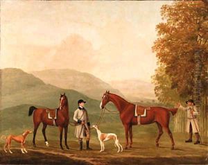 The Hunting Conversation, Two Hunters Held by a Huntsman with a Couple of Hounds in a Landscape by William Shaw