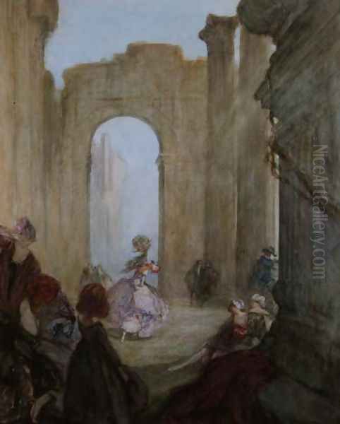 Girls watching a dancer among classical ruins - view 1