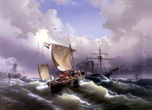 Vessels in Choppy Water off a Coastline