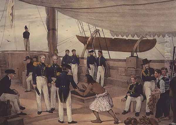 Tonga-Tabou, Vadodai asks for an end to hostilities, plate 88 of Voyage de la corvette lAstrolabe. Atlas historique, engraved by Victor Adam, 1833 - view 1