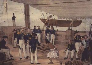 Tonga-Tabou, Vadodai asks for an end to hostilities, plate 88 of Voyage de la corvette lAstrolabe. Atlas historique, engraved by Victor Adam, 1833