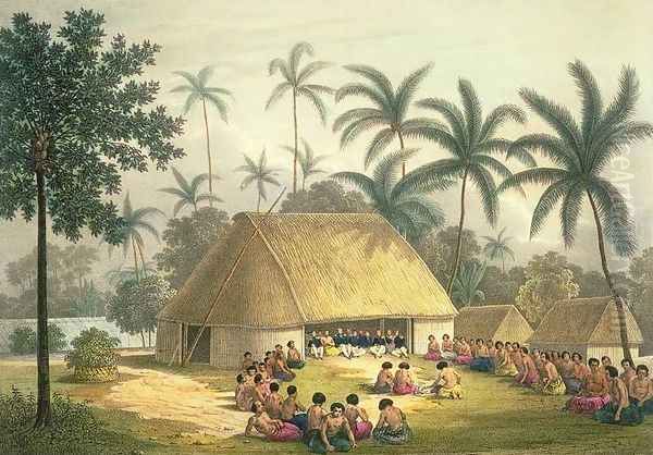 Chief Palou receives the ships officers of the Astrolabe, Tonga Tabou, plate 68 from Voyage de la corvette lAstrolabe. Atlas historique, engraved by Louis Leborne, pub. 1833 - view 1