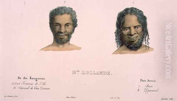 Djacamel and Bam, portraits of Tasmanian and Australian aborigines, plate 12 of Voyage de la corvette lAstrolabe. Atlas historique, engraved by Hippolyte Louis Garnier 1802-55, 1833 - view 1