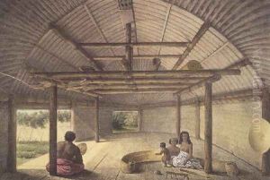 Interior view of the house of Chief Palous wives, Tonga Tabou, plate 73 from Voyage de la corvette lAstrolabe. Atlas historique, engraved by Jules David, pub. 1833